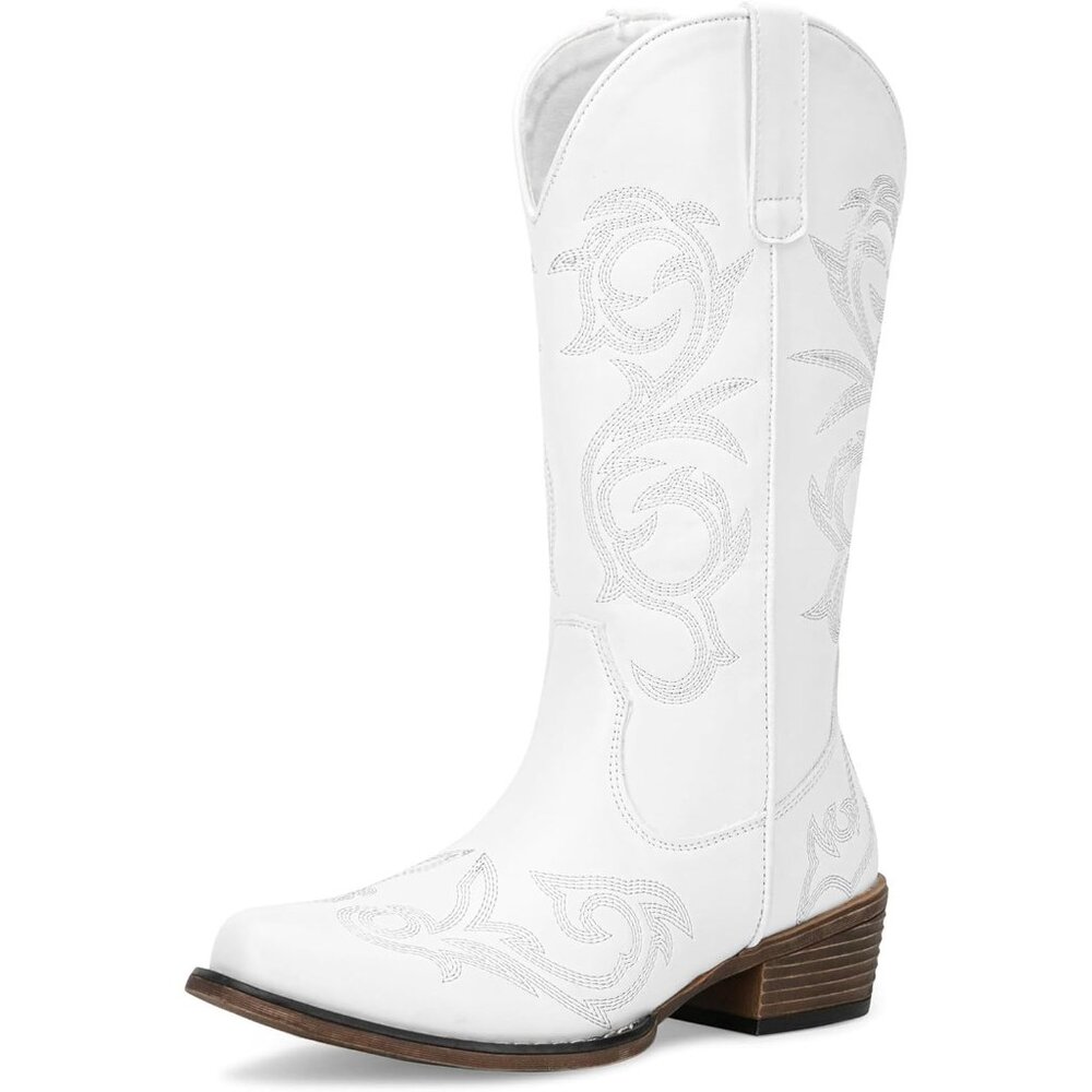 ⚡Women's White Wide Calf Mid Calf Cowgirl Boots with Low Heel Western Shoes